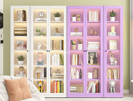 Modern Iron Bookshelf Floor-standing Storage Cabinet With Glass Doors For Living Room